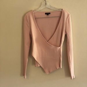 Topshop Asymmetric Dusty Pink Ribbed Wrap Top